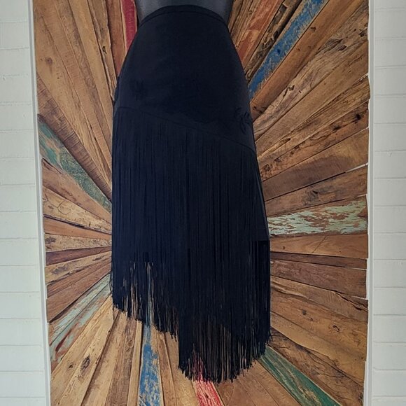 VTG BCBGMAXAZRIA wool black embroidered/fringe skirt Sz 4 - Picture 4 of 16